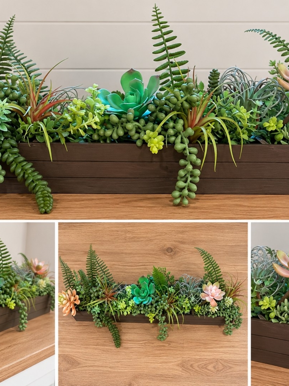 Handmade Faux Succulent & Fern Wooden Planter Centerpiece Boho Decor